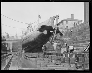 US sub S-19 in navy yard drydock. She ran aground on Nauset Beach in Orleans, MA on January 12, 1925, was marooned until March 20, 1925.