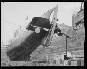 US sub S-19 in navy yard drydock. She ran aground on Nauset Beach in Orleans, MA on January 12, 1925, was marooned until March 20, 1925.