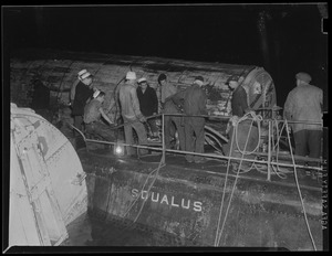 Sub "Squalus" in Portsmouth Navy Yard showing pontoons keeping her afloat