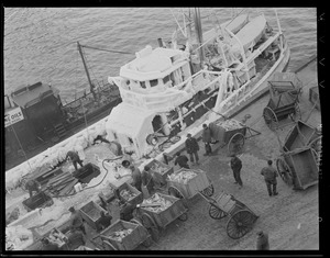 Ice covered trawler, fish pier