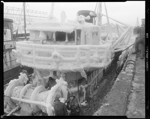 Ice-covered trawler Red Jacket, fish pier