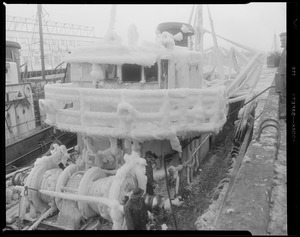 Ice-covered trawler Red Jacket, fish pier