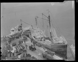 Ice-covered fishing trawler "Bonnie Lou" at fish pier