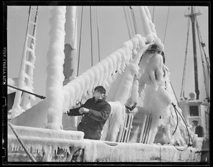 Ice-covered trawlers