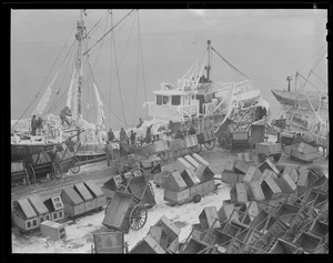 Ice covered fishing trawler "Swallow" at fish pier