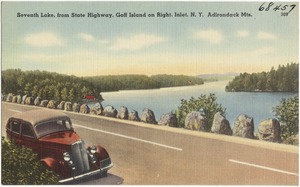 Seventh Lake, from State Highway, Goff Island on right. Inlet, N. Y., Adirondack Mts.