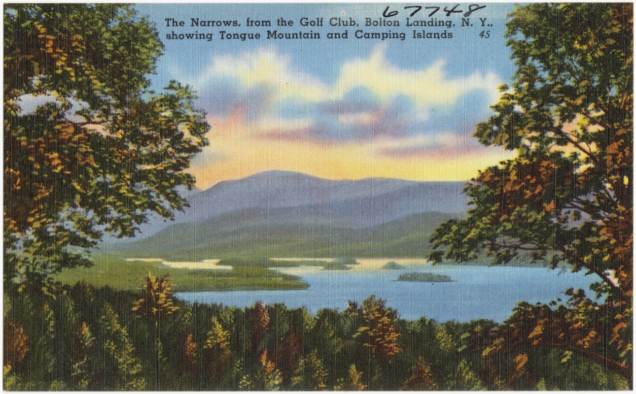 The Narrows, from the golf club, Bolton Landing, N. Y., showing Tongue Mountain and camping islands