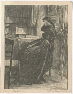 Portrait of a woman seated in a study
