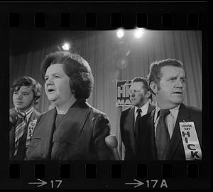 Louise Day Hicks speaks after losing her bid for mayor (note her sad brother), Boston