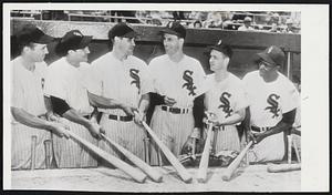 Chicago Tinge To All Star Team for the American League is supplied by White Sox players (left to right) Outfielder Jim Busby, Infielders Chico Carrasquel and Ed Robinson, Pitcher Randy Gumpert, Infielder Nelson Fox and Outfielder Orestes Minoso.