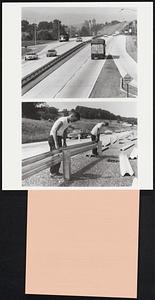 Double-Edged Safety. Two-faced steel median barriers have been erected along almost the entire length of the Pennsylvania Turnpike's east-west route (360 miles). Construction of a further 110 miles of barriers on the northeast extension will be finished by summer 1969. The upper photograph shows a stretch pf road near Harrisburg; the lower one shows the assembling of the barriers.