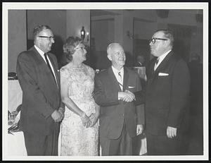 Western Union Exec Retires, Beaconsfield. L to R, N. G. Kurtz, Dir. Mgr. of New York. Mrs Vernon T. Adams, wife of retiring exec. Vernon T Adams, retiring exec. John J. Maher, Dist. Mgr