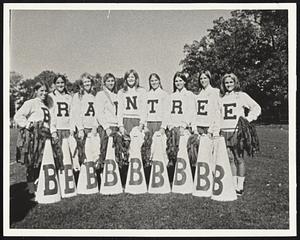 Braintree High cheerleaders Susan Oberg, Susan Kormann, Lexi Parker, Nancy Beaudoin, Liz Collins, Betsy White, Karen Bernard, Nancy Buckley, Ginger Ellis.