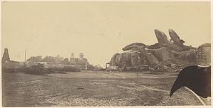 General view of the rathas, Mahavellipooram, with modern ratha and the temple