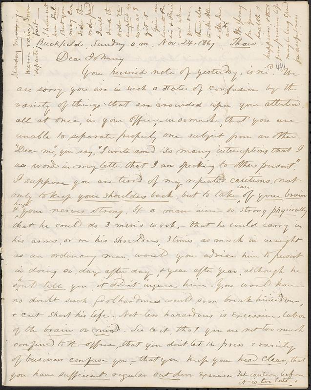 Letter from Zadoc Long to John D. Long, November 24, 1867