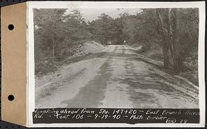 Contract No. 106, Improvement of Access Roads, Middle and East Branch Regulating Dams, and Quabbin Reservoir Area, Hardwick, Petersham, New Salem, Belchertown, looking ahead from Sta. 147+20, East Branch access road, Belchertown, Mass., Sep. 19, 1940