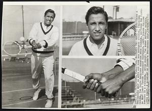 Takes Two Hands to Win-Using a two-handed grip on both his fore and backhand strokes, Francisco Segura, the South American champion from Ecuador, captured the Florida West Coast Tennis Tournament yesterday. Left: Segura follows through on a forehand. Upper right- The champ between matches. Lower right: A close-up of Segura's two-handed grip.