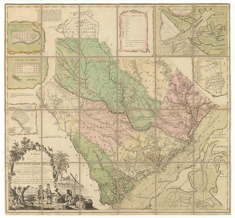 A map of the province of South Carolina with all the rivers, creeks, bays, inletts, islands, inland navigation, soundings, time of high water on the sea coast, roads, marshes, ferrys, bridges, swamps, parishes churches, towns, townships; county parish district and provincial lines