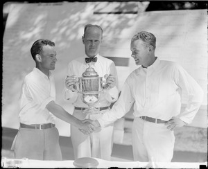 Chase presents cup to winner Edmond Kirouac as Kirouac shakes hand of runner up William Blaney, Kernwood Golf Club, Salem