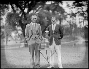 Winner Lawson Little and second place David Goldman pose with amateur championship trophy at country club, Brookline