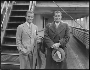 Johnny Goodman, left, US Open champ and Lawson Little, British Amateur champ, arrive in Boston aboard the Cunard Line's Laconia, returning from the British Amateurs