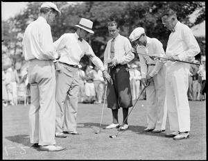 L-R: Charlie Shaw, Ref, Charles Burgess, Woodland pro, Billy Burke, George Von Elm and Francis Ouimet at Woodland Golf Club