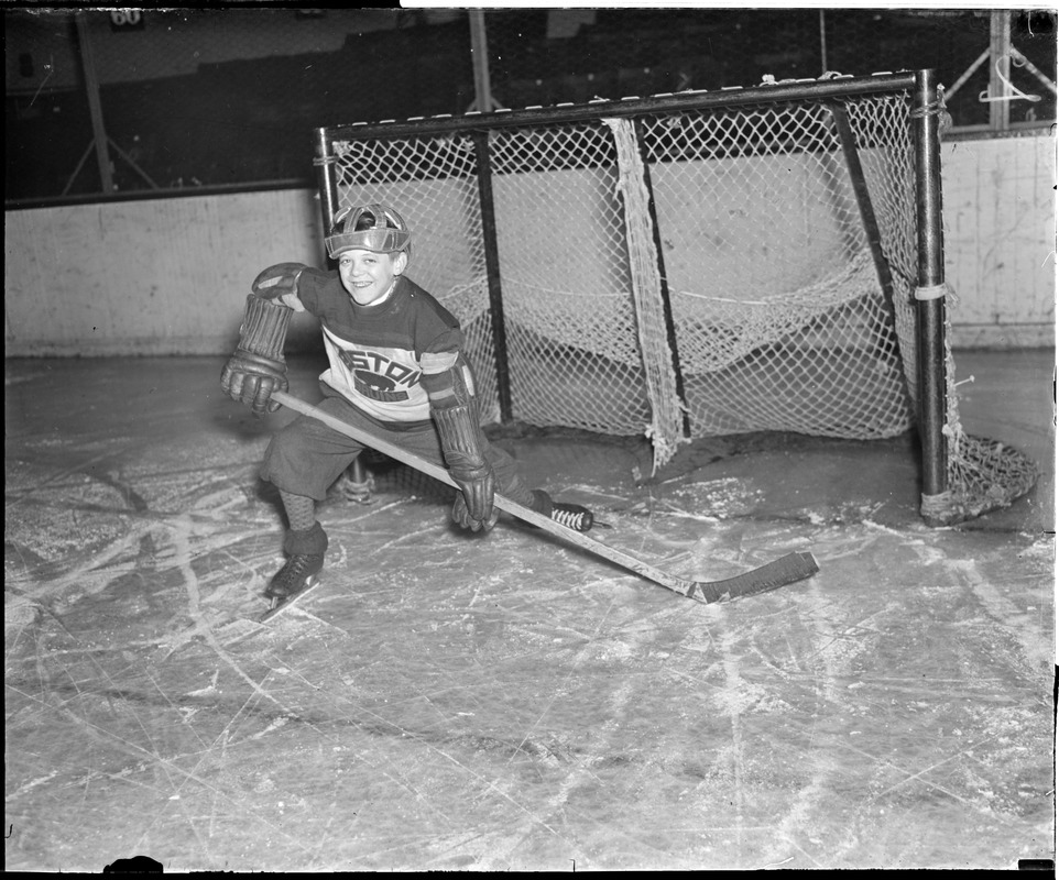 Art Ross, Jr., little Bruin defends goal, 1928-1929