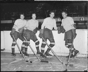 Jack Riley, Happy Harnett, Bob Blake, and Phil Besler, Bruins practice, 1935-1936