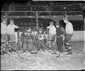 Art Ross Jr. and Benny Grant on ice at new Boston Garden, 1928-1929