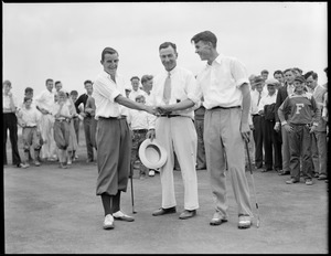 L to R - Ruggles, Art Rose, Ed Peterson at 14th green where Ruggles was 5 up on Peterson in Jr. Champ at Wollaston