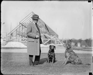 John R. Macomber and his dogs Tips (female) and Boatswain, at Raceland in Framingham
