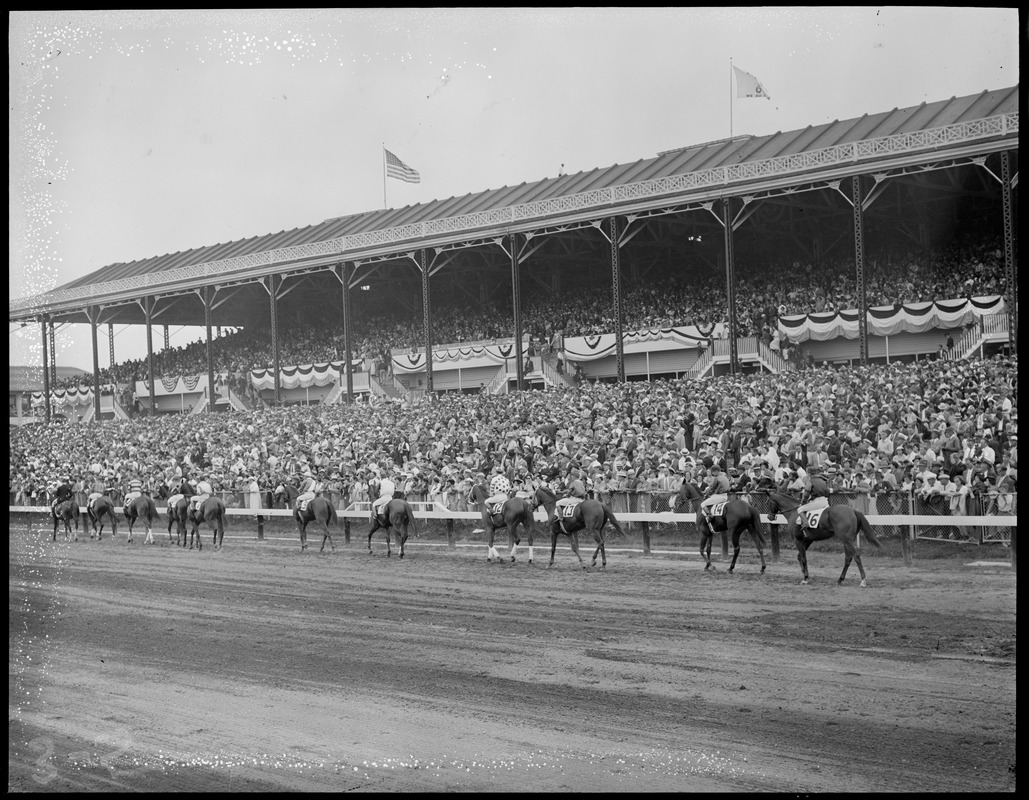 Horses walking down the track in Rockingham, Salem, N.H.