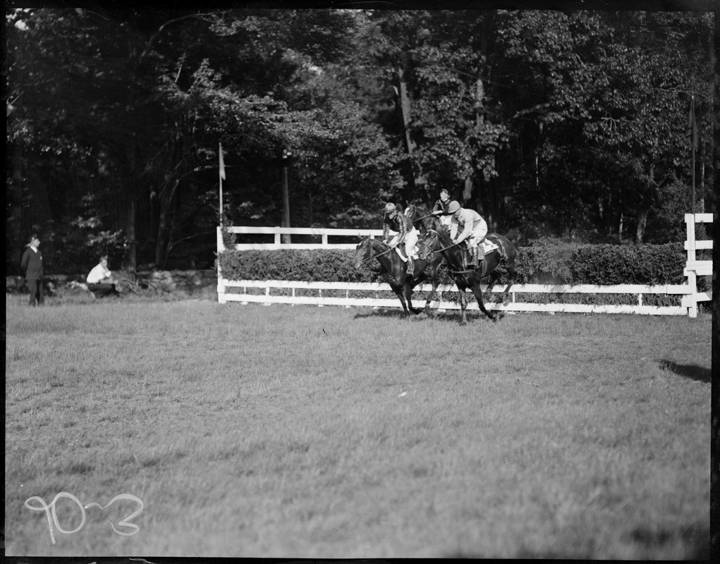 Horses in the fifth race going over Liverpool Jump during the Chestnut Hill Horse Show steeplechase. Virginia Lightning was first, Coq D'or second and Bolton third.