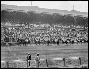 Horses led past grandstand, Rockingham