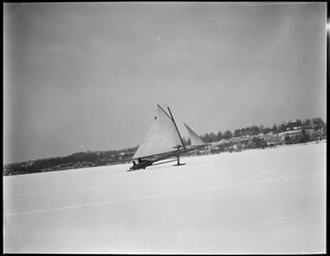 Rambler sailing on one runner, she was later dismasted, Mystic Lake, Winchester
