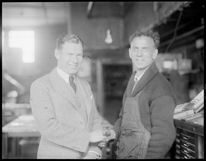 Two of the stars in sports - Charley Paddock the star sprinter of his age calling on Clarence DeMar at his printing office in Jamaica Plain