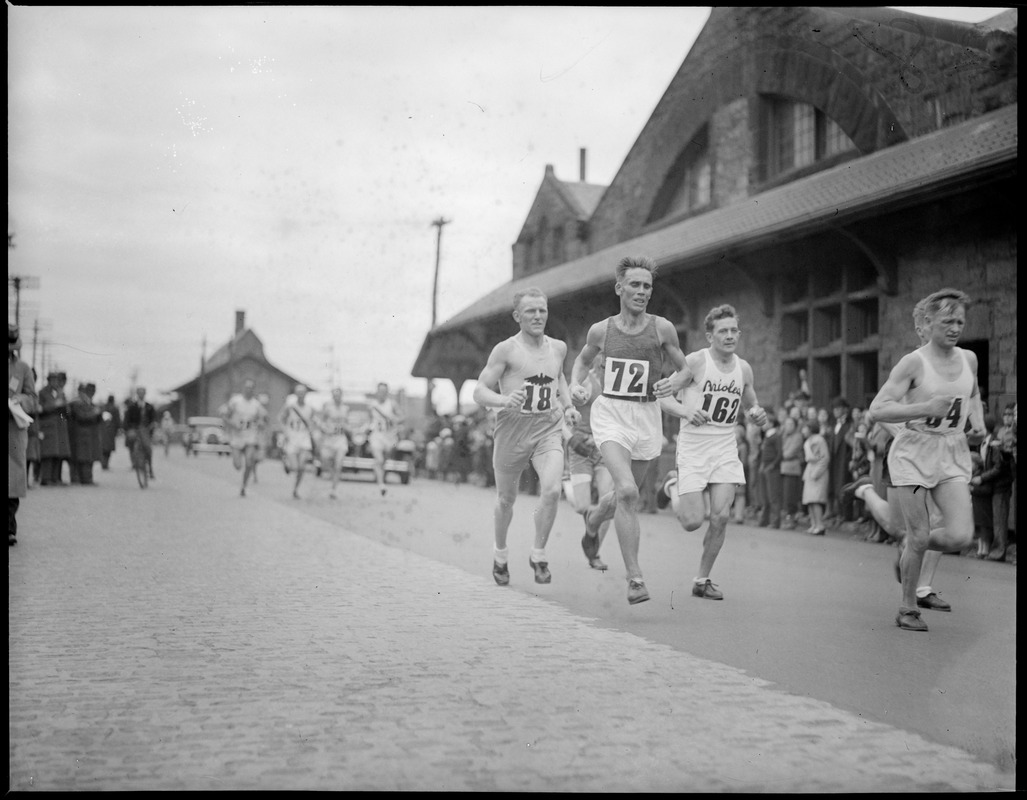Runners at the Framingham checkpoint. Paul de Bruyn, 18, William Ritola, 72, Hans Oldage, 162, William Kyronen, 54
