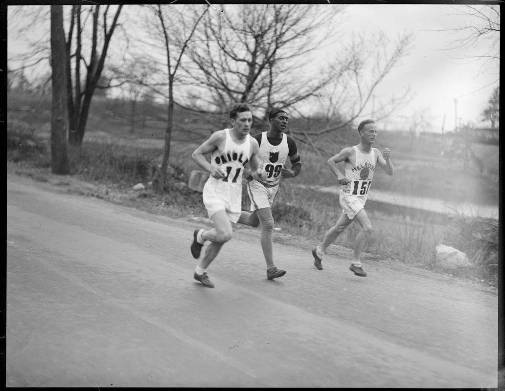 B.A.A. marathon runners Hans Oldag (11), Ford Clark (99), and Clarence DeMar (157)
