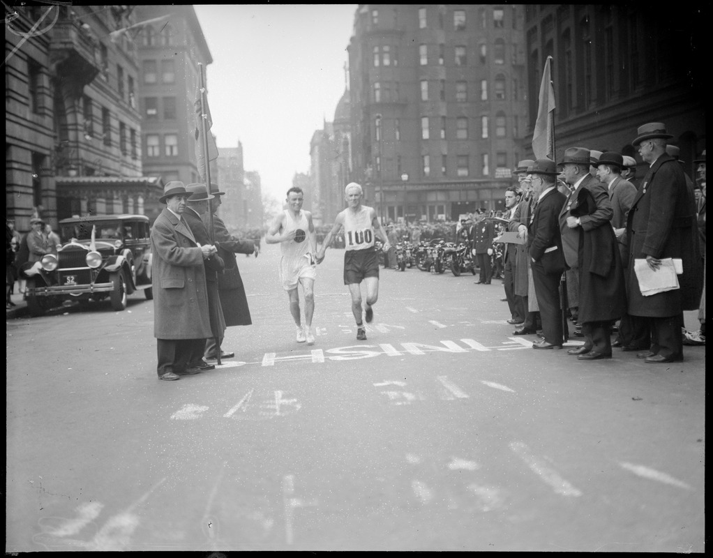 Johnny Miles and Bill Kennedy come in together in B.A.A. Marathon. Miles was eleventh, Kennedy twelfth. As Miles waited for Kennedy a short distance away