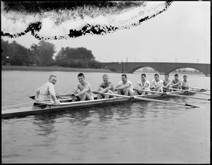 Harvard crew that got beat by Syracuse and Cornell on the Charles: Bow: Holcombe, 2: Hollowell, 3: Erickson, 4: Armstrong, 5: Bancroft, 6: Bacon, 7: Saltonstall, Stroke: Cassidy, Cox: Bissell