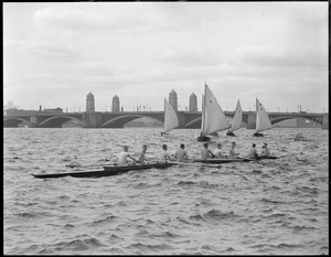 Racing on the Charles River, 12 feet knockabouts and 8-oared Harvard varsity sculls