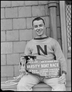 Harvard coxswain, E.H. Bennett, Jr. given rudder for beating Yale in 1936