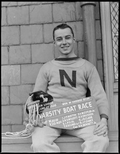 Harvard coxswain E.H. Bennett, Jr. holds rudder from 1936 race against Yale
