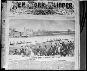 Front page of the "New York Clipper" from 1869 showing illustration of Oxford vs. Harvard boat race