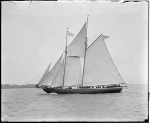Cup defender Mayflower on spin through Boston Harbor