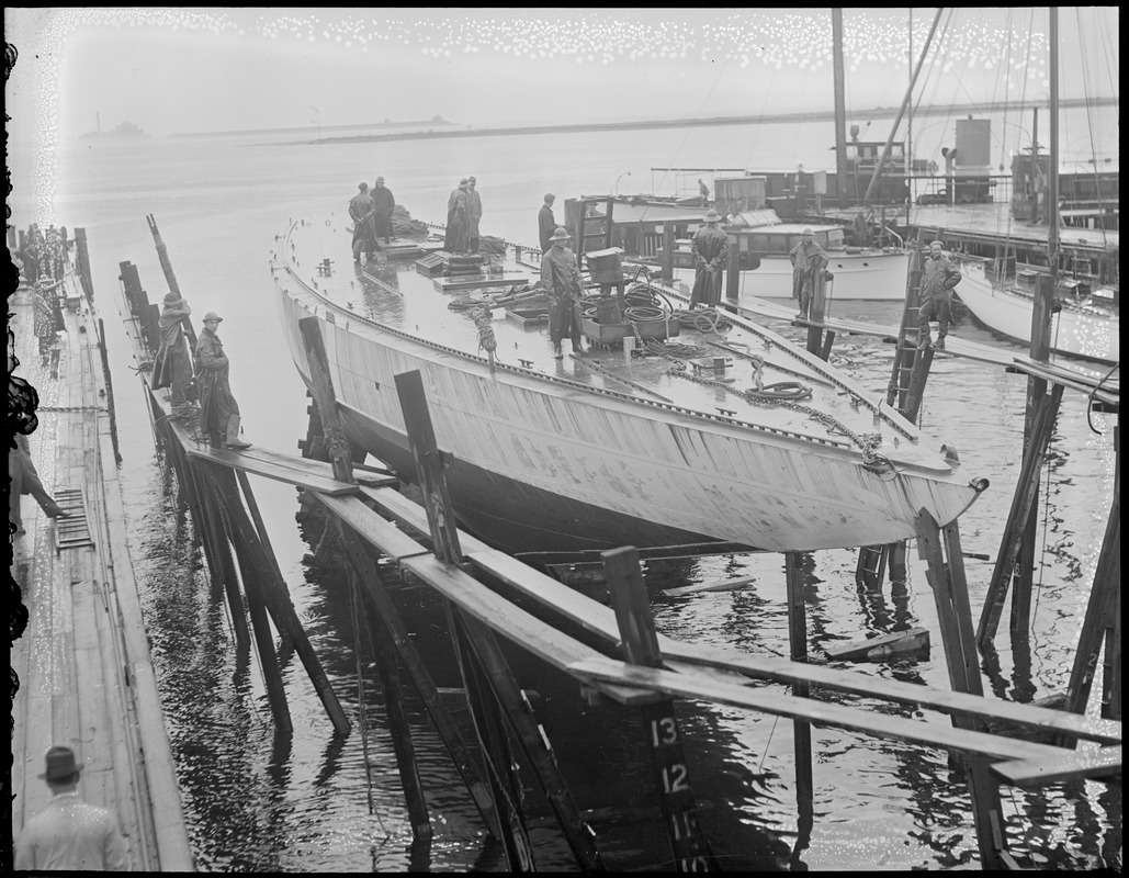 Hull of the racing yacht Yankee floated during remodeling at Lawley's in Neponset