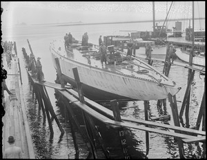 Hull of the racing yacht Yankee floated during remodeling at Lawley's in Neponset