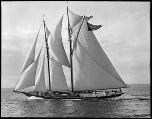 Pennants flying on the fishing schooner Gertrude L. Thebaud, off Gloucester