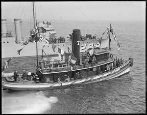 Tug and destroyer at Fisherman's race off Gloucester. Tug 'Neptune', Boston towboats, USS Flosser?