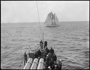 Schooner in Fisherman's race as seen from bow of ship